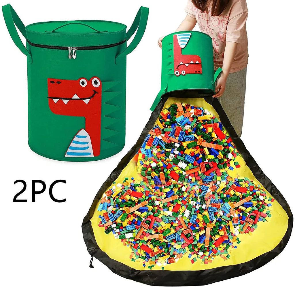 Green felt cube storage bag with pull rope, shown as a toy organiser and play mat.
