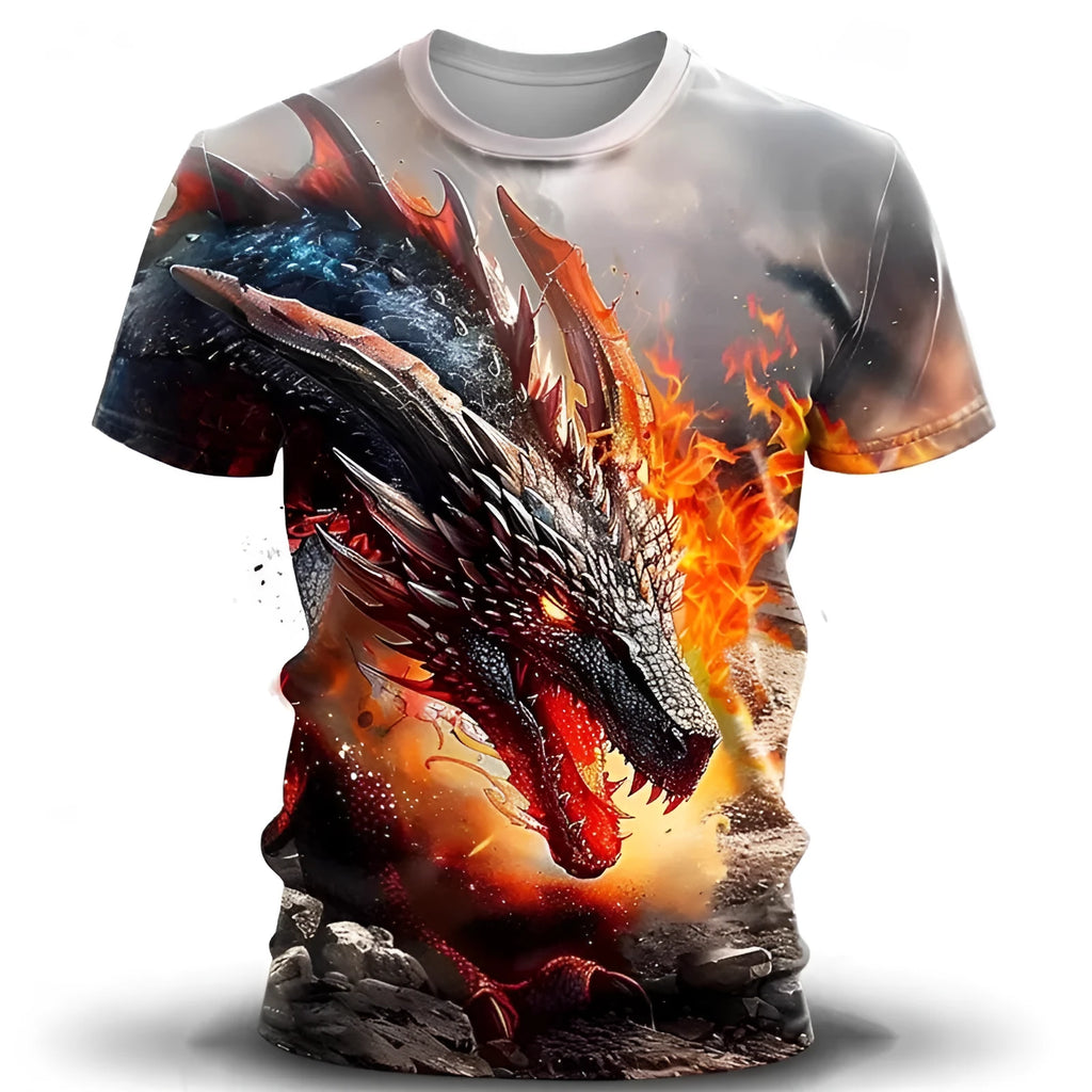 Men's grey casual t-shirt featuring a detailed 3D wind dragon print on the chest, short sleeves.