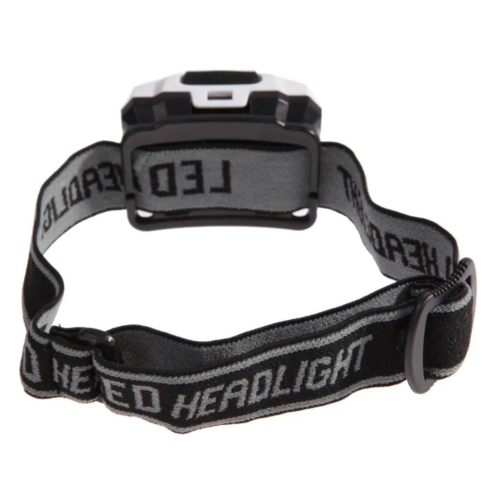 Black waterproof head torch with white and red LEDs mounted on adjustable headband for outdoor use.