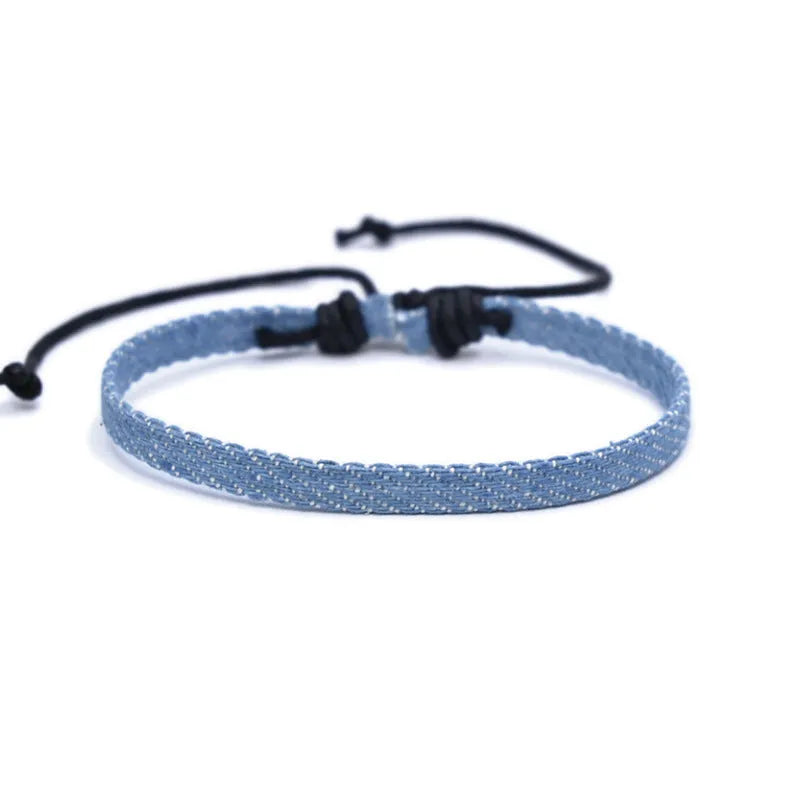 National style denim fabric bracelet carrying strap with mixed material construction for unisex travel and memorial use