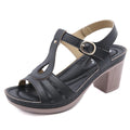 Women's patent leather high heel sandals with a metal buckle and thick heel in apricot colour.