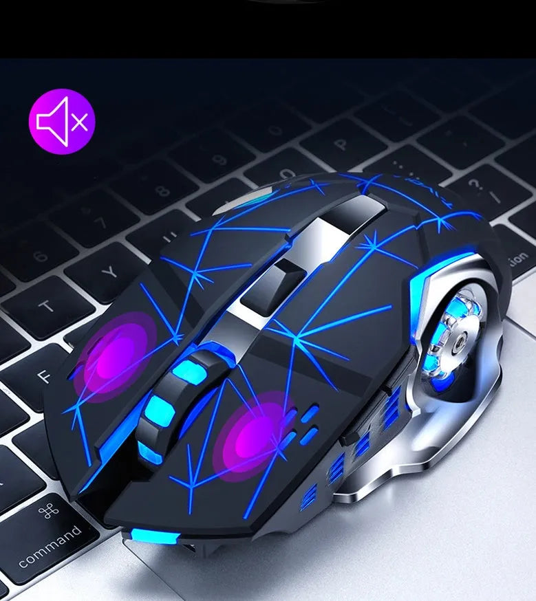 Black and white wireless computer mouse with USB charging cable showing six-button layout