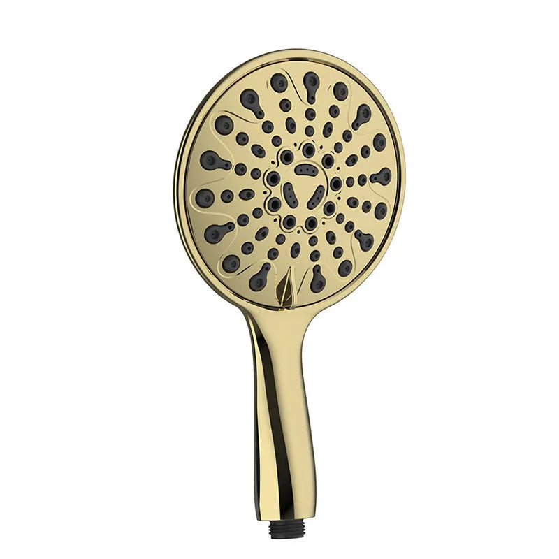 Portable handheld shower head with six function settings and an electroplated finish.