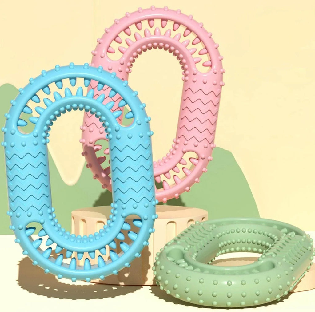 Blue O-ring shaped dog chew toy for aggressive chewers and teeth cleaning