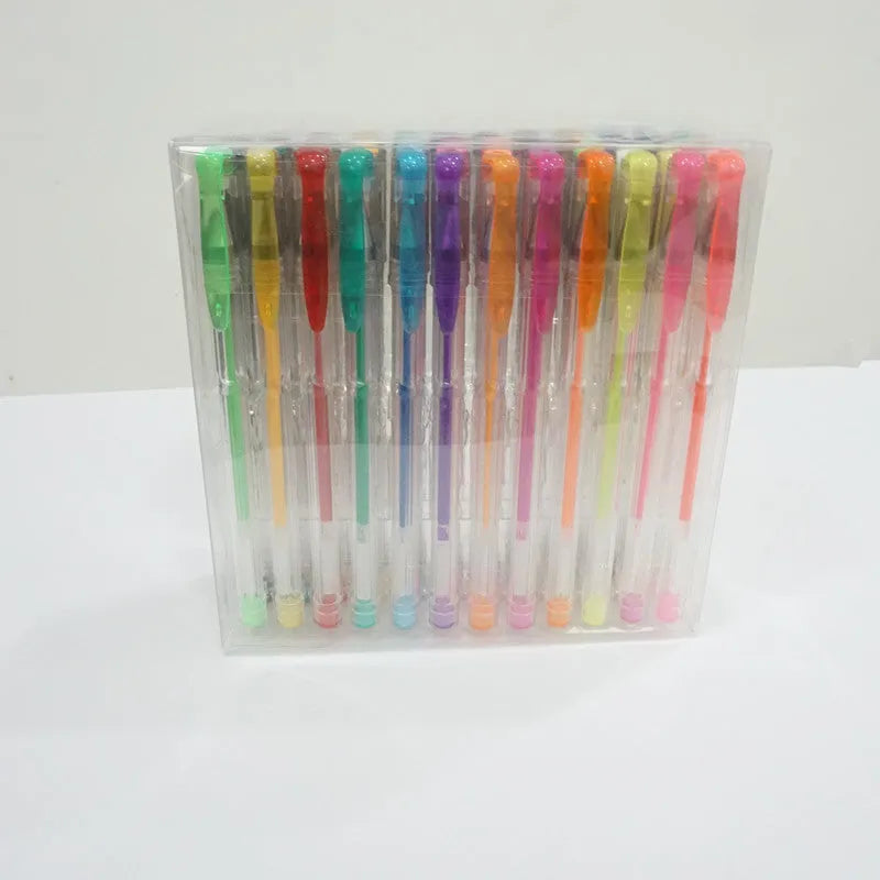 Set of 100 gel colouring pens with plastic barrels in various colours for office and stationery use