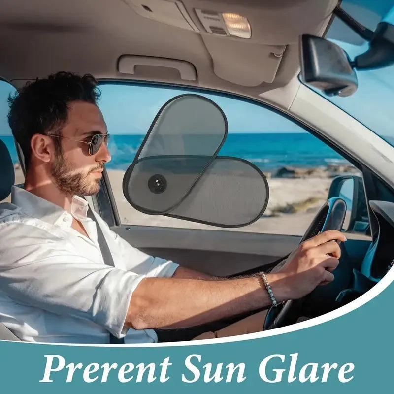Breathable car window shade stretched on side window with suction cups visible