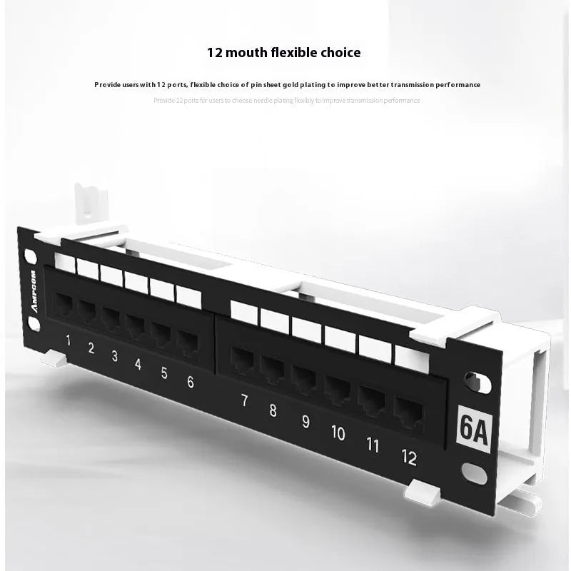 Black 12-port network distribution frame with cold rolled steel construction and included installation accessories