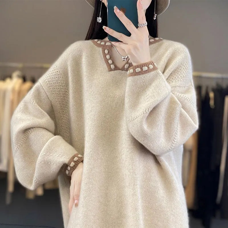 Women's camel V-neck viscose sweater with long sleeves on hanger
