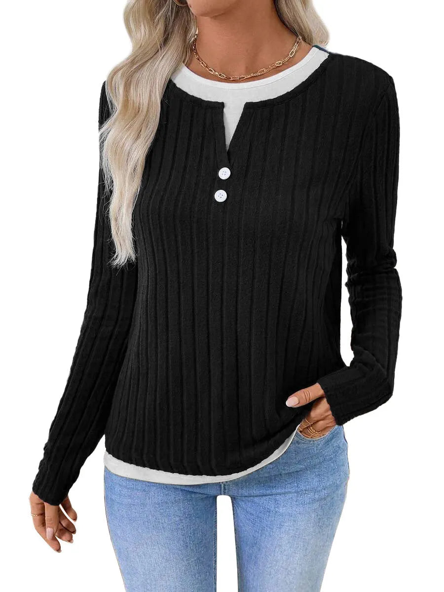 Women's black fake two-piece pullover sweater with round neck and long sleeves.