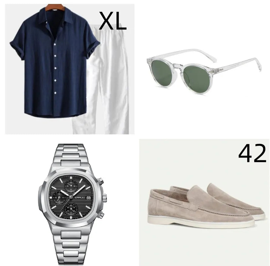 Casual loose cotton linen short sleeve suit in multiple colours with matching glasses, shoes and watch accessories