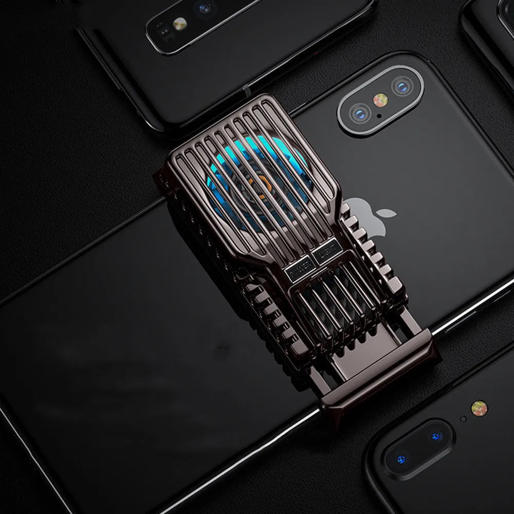 Black mobile phone cooling radiator with aluminium heatsink and clip, shown with USB cable.