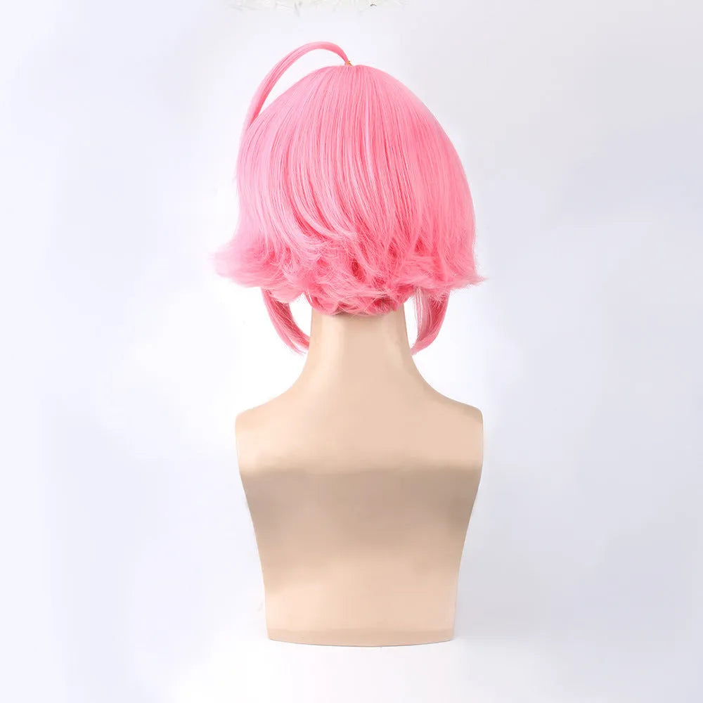 Pink upturned cosplay wig with artificial scalp and rose net lining, 35cm length