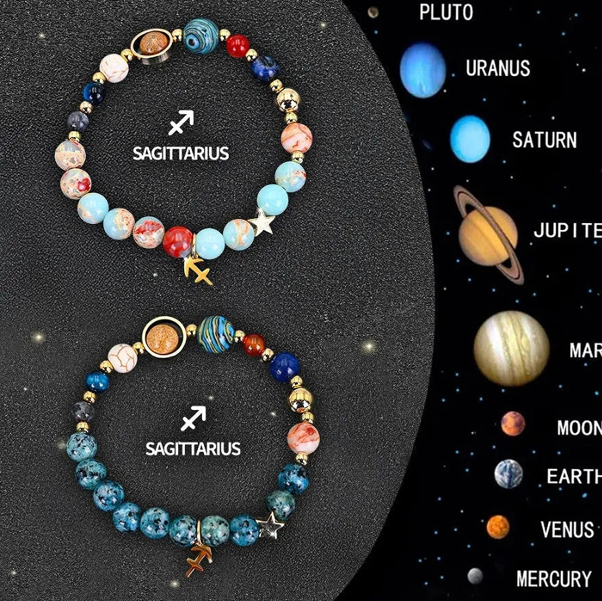 Set of two natural stone beaded bracelets for twelve zodiac signs on a wooden surface.