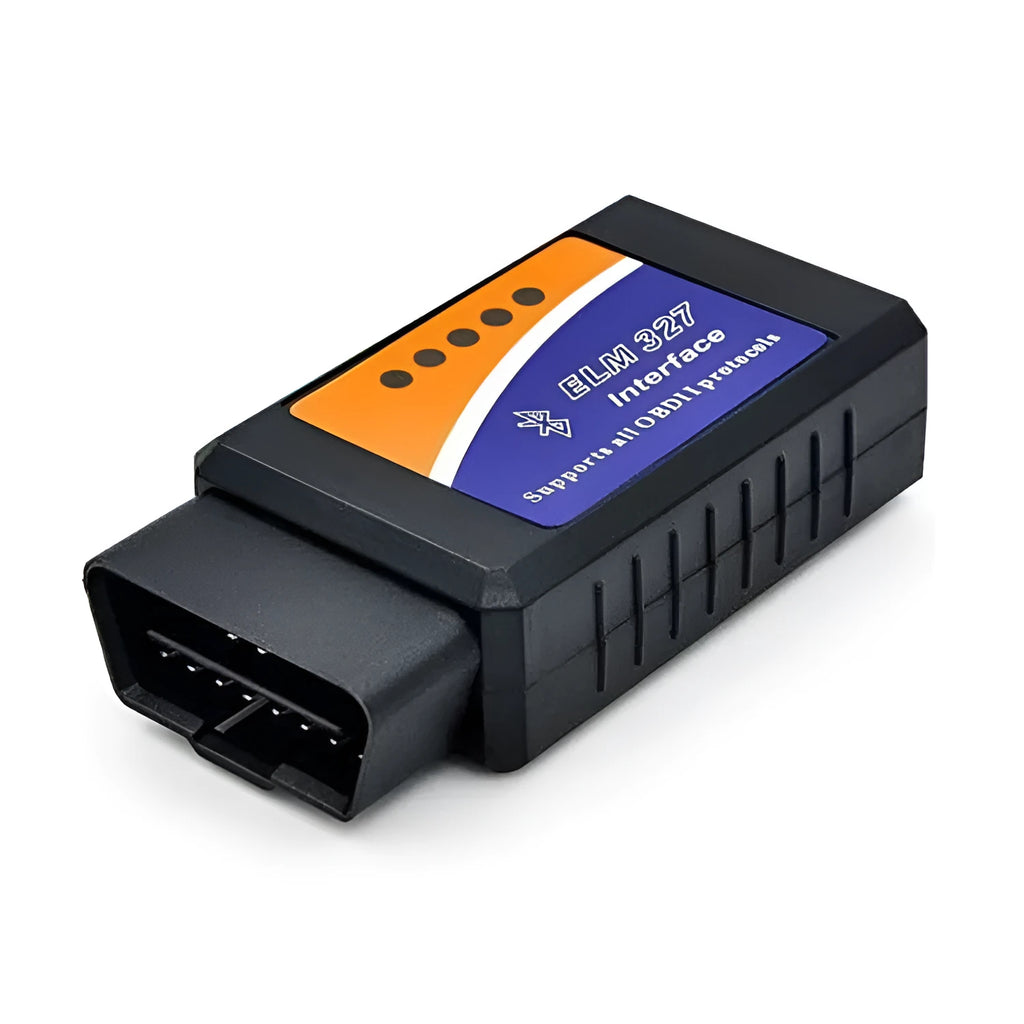 ELM327 Mini V2.1 Bluetooth OBD2 car diagnostic scanner and fault code reader on a dark background.