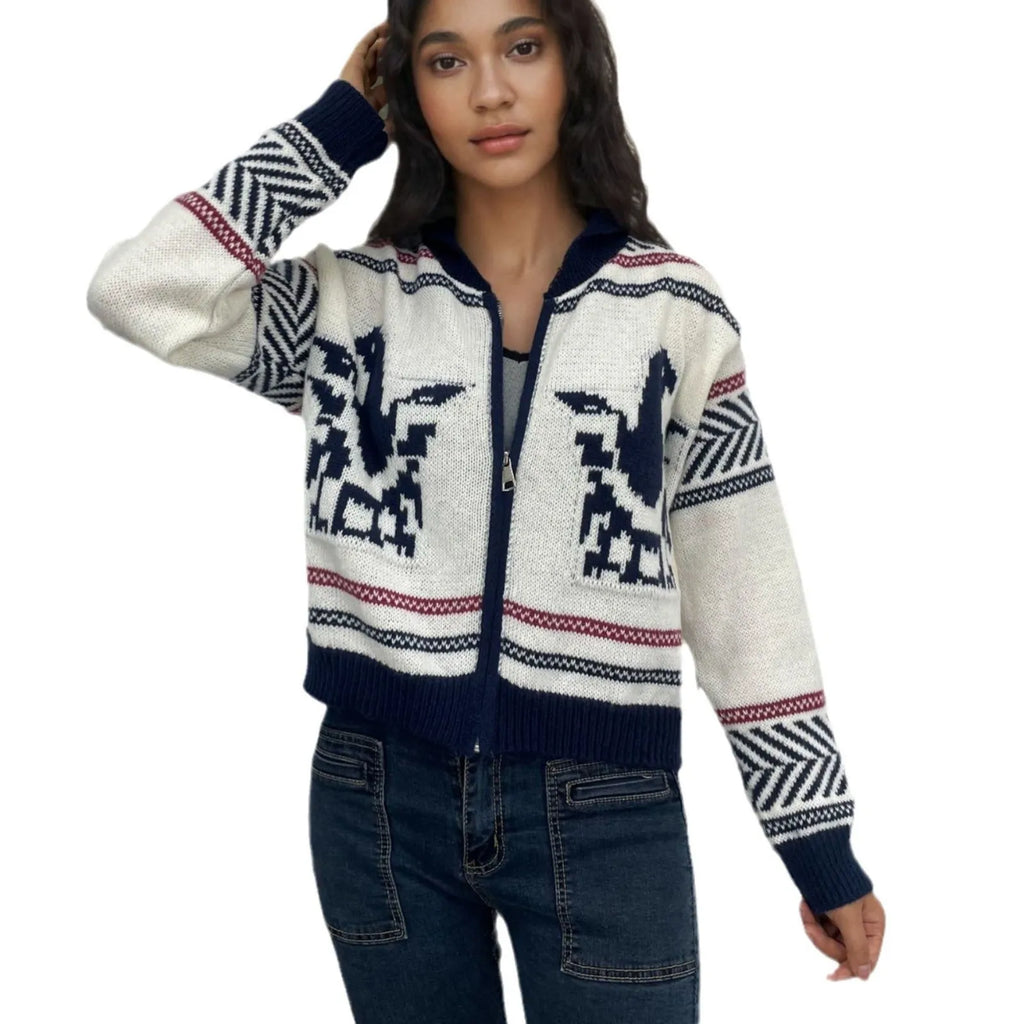 White women's zip cardigan with jacquard contrast stripe pattern and lapel collar