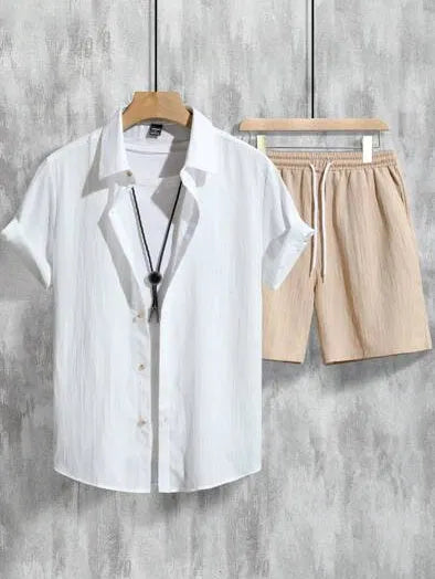Men's 3D printed Hawaiian pattern short sleeve shirt with matching elastic waist shorts, shown in picture colour.