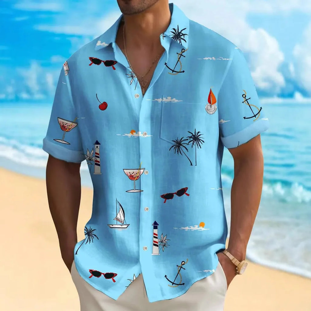Man wearing a loose fit short sleeve shirt with a colourful digital Hawaiian print pattern.