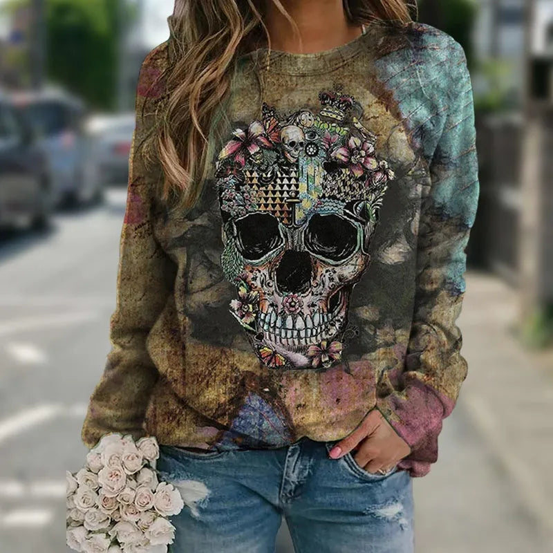 Black long sleeve sweatshirt with a white skull graphic print on the front.