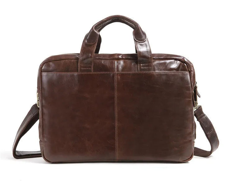 Brown leather business briefcase with 18-inch measurement for laptop storage