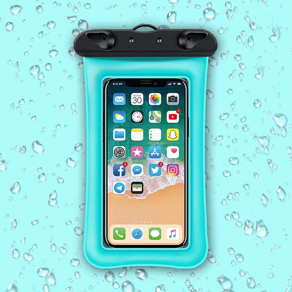 Orange waterproof phone pouch with clear window and black neck rope on a blue background.
