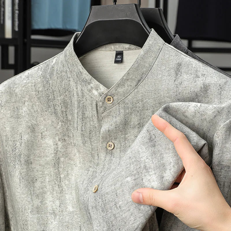 Men's loose fit linen blend shirt with stand collar in solid colour options