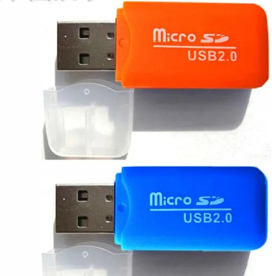 Mini USB card reader with TF MicroSD and SD slots for data transfer to computers
