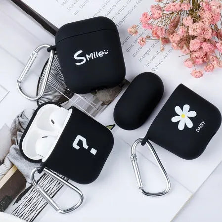 iPhone compatible AirPods PC case cover in black or pink with decorative style options