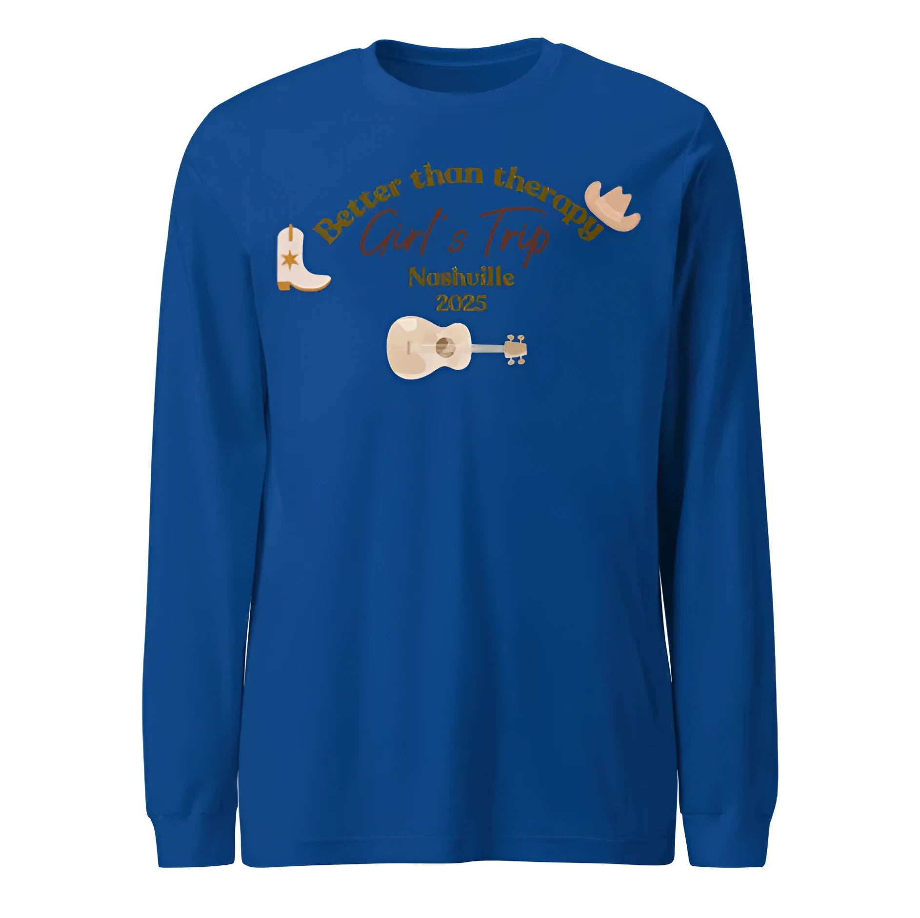 Blue men's loose round neck sweater with printed letter patterns, polyester fabric