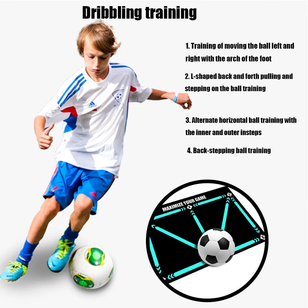 Black football training mat measuring 60 by 90 centimetres with a non-slip rubber base