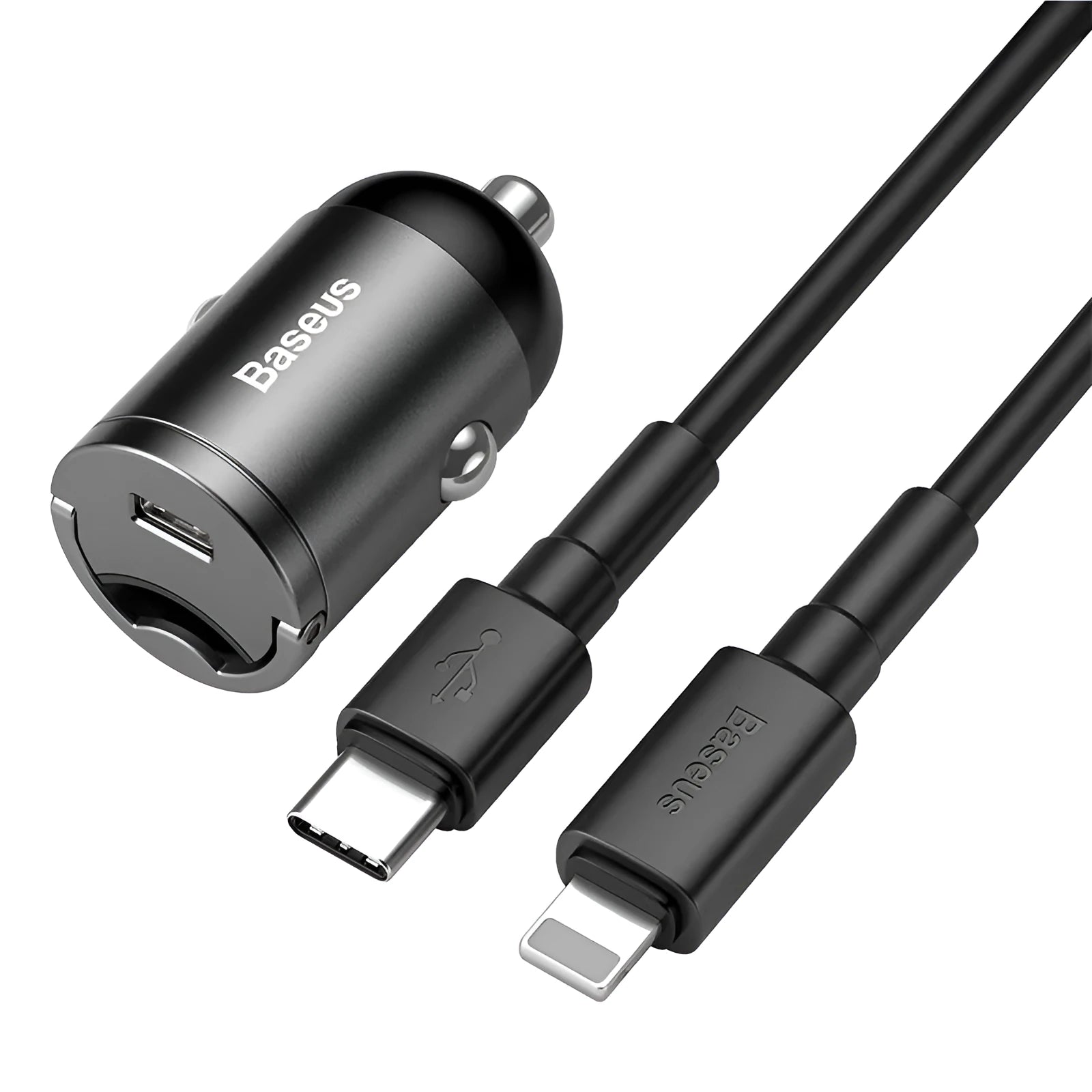 Baseus electro-optical grey 30W PPS fast car charger with 1 metre USB cable for mobile phones