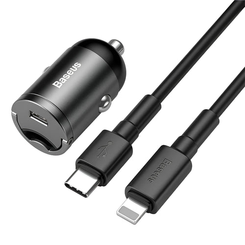 Baseus electro-optical grey 30W PPS fast car charger with 1 metre USB cable for mobile phones
