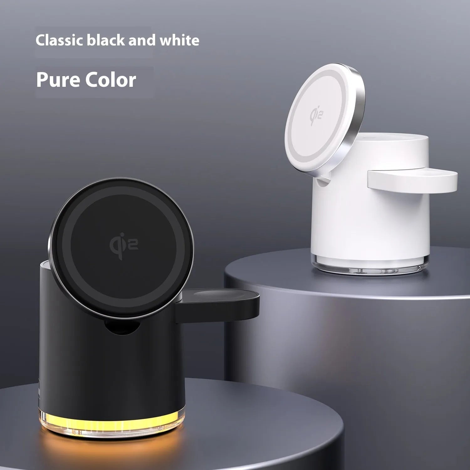 C16 folding magnetic wireless charger in black showing three charging areas for phone, watch and earbuds.