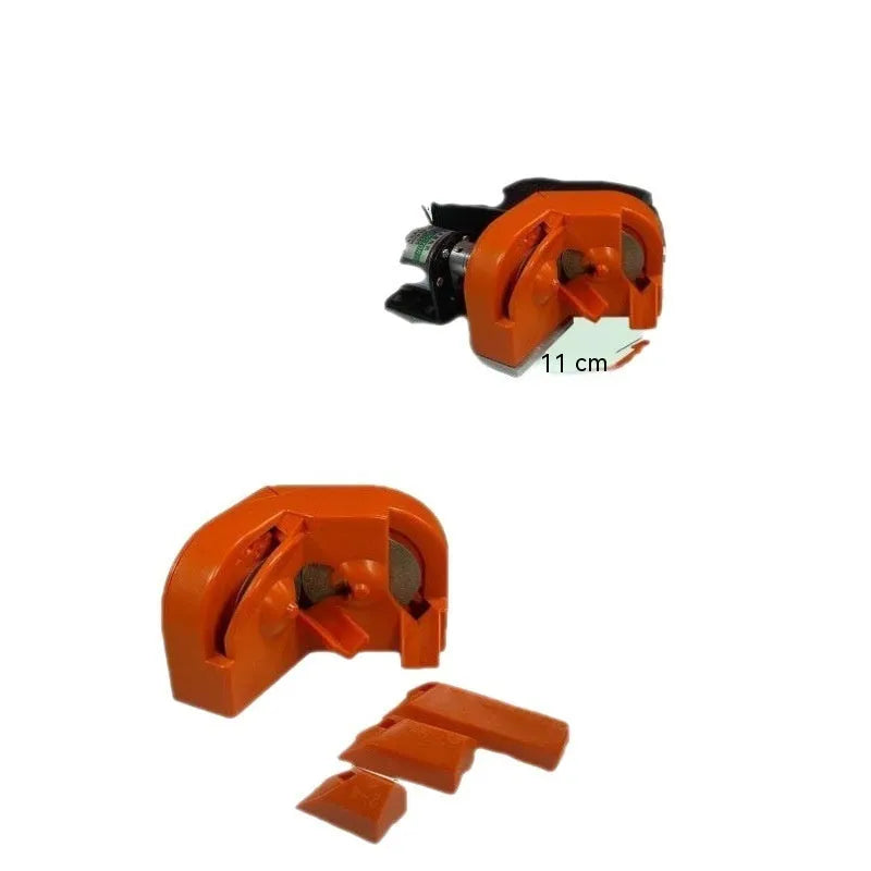 Universal portable grinding drill tool with orange and black sanding wheels attached for irregular surface work