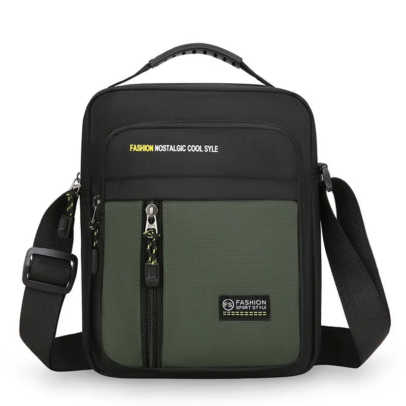Men's casual nylon crossbody messenger bag in green, gray, black or blue with sewing thread detail
