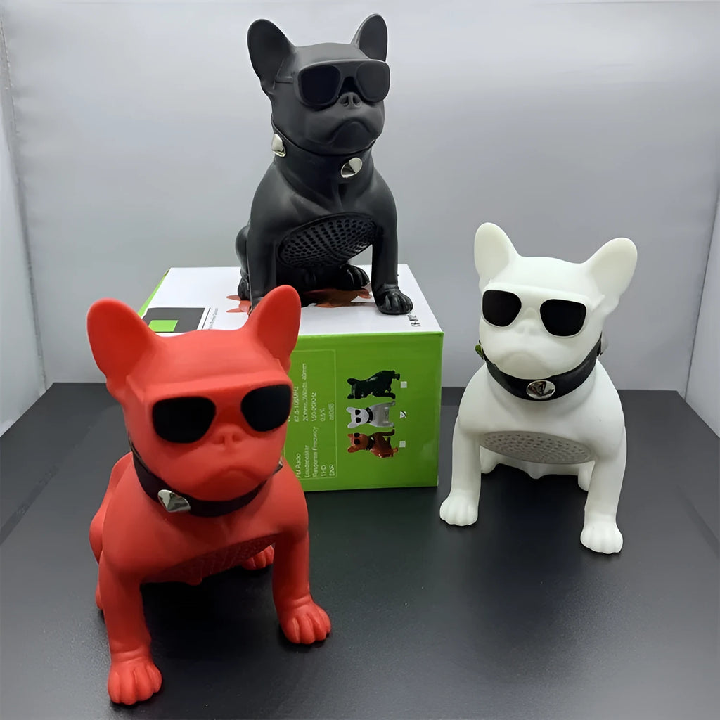 Mini Full Body Bulldog-shaped Bluetooth speaker in black, red, or white colour on a table.