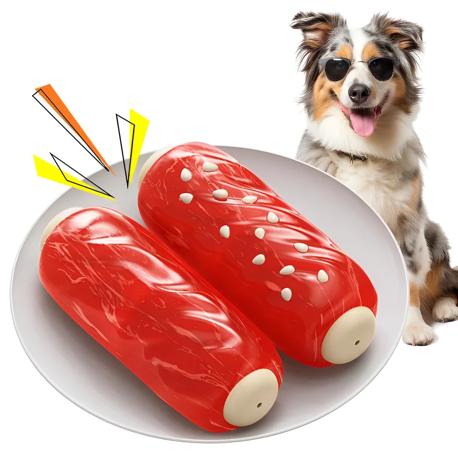 Primary colour plastic dog chew toy with glue toothbrush design and molar rod sections