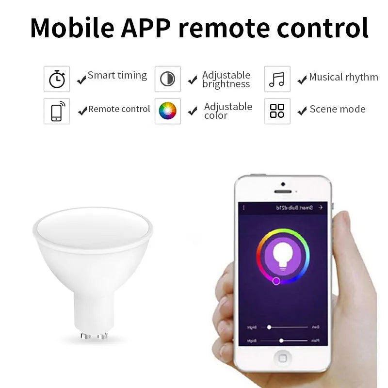 RGBCCT 5W smart GU10 WiFi LED spotlight bulb with voice control.