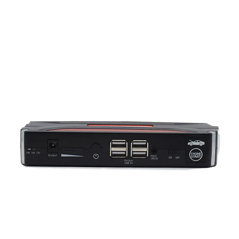 Black red vehicle emergency starting power supply measuring 178x80x30mm with 7800mAh capacity