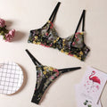 Floral mesh bra with steel ring T-back underwear set in traditional style