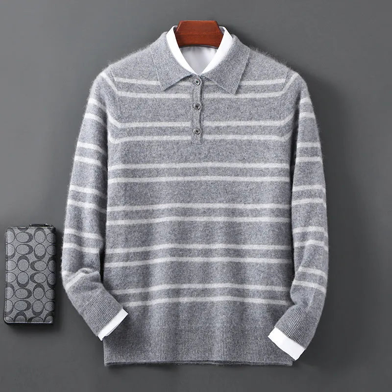 Lapel pure wool striped half button pullover sweater in camel colour on a model