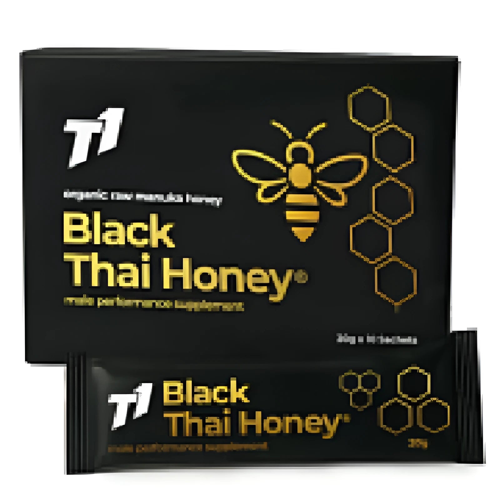 Black jar of T1 Thai honey with clear label on a kitchen counter