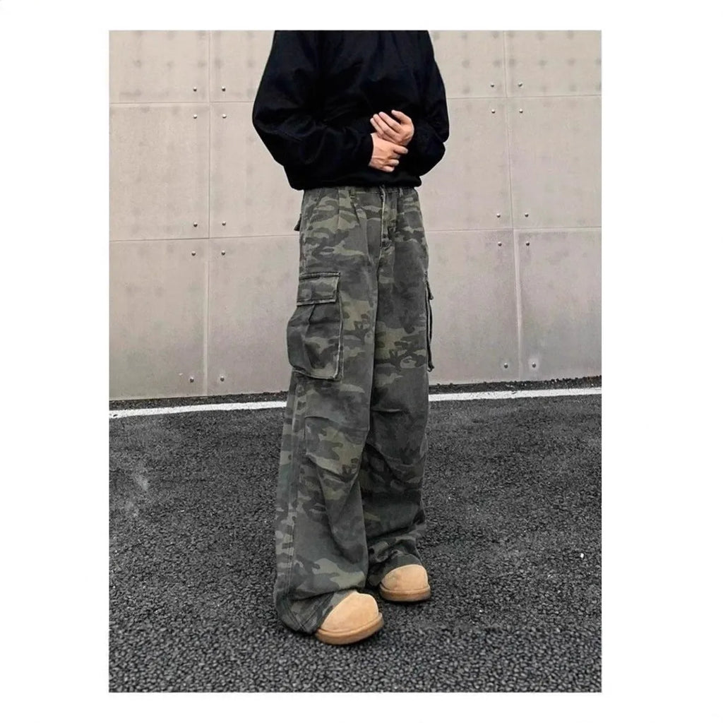 American vintage style washed camouflage cargo pants with multiple pockets on a mid-waist, full-length silhouette.