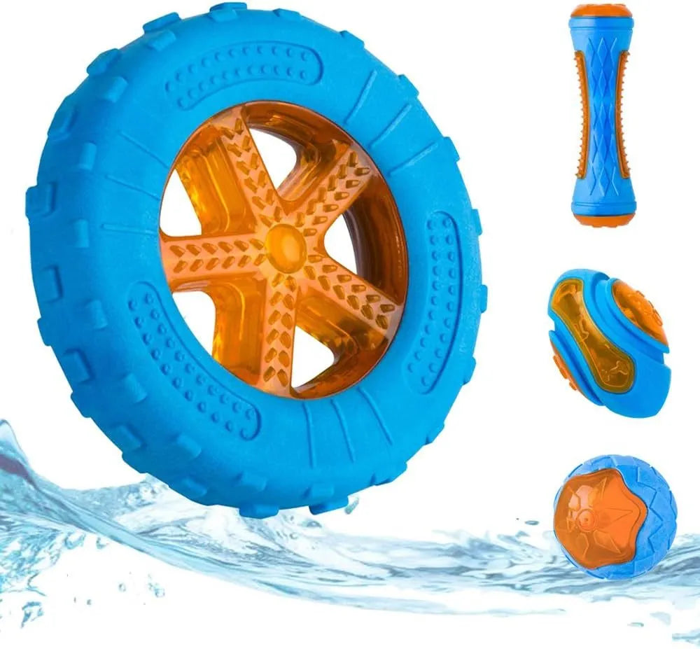 Set of three TPR dog toys: a squeaky ball, barbell, and tyre for floating fetch play.