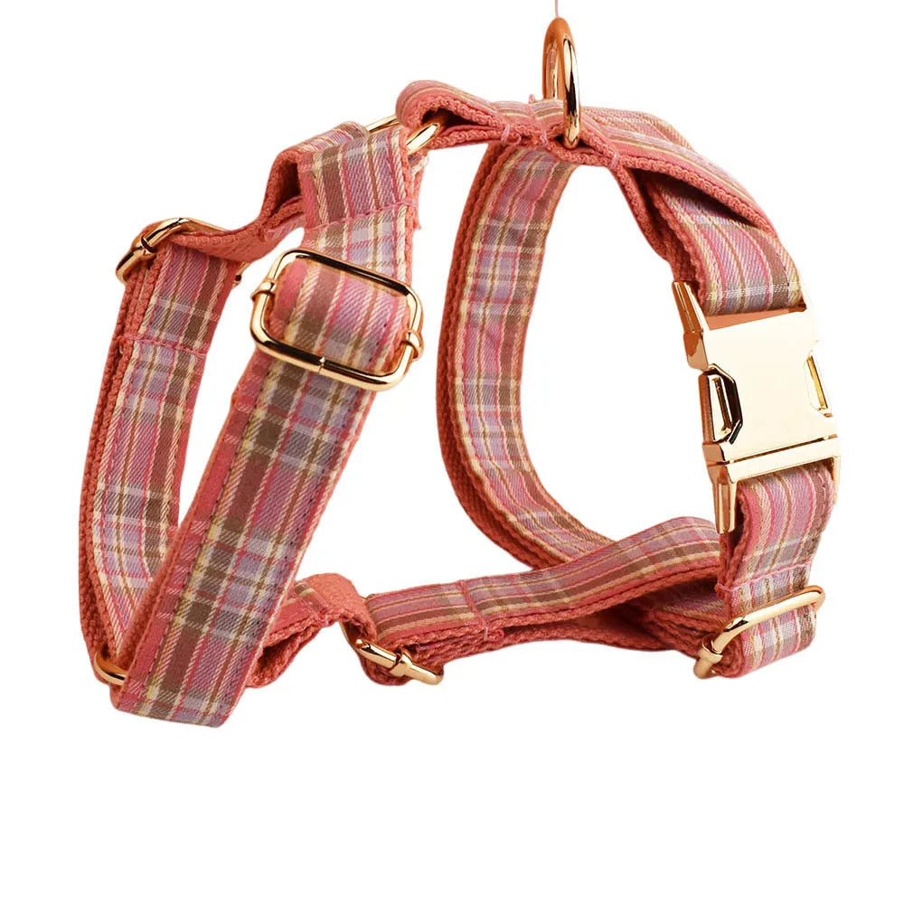 Plaid cloth pet collar traction rope set with dog leash, bow, and dog vest for small dogs