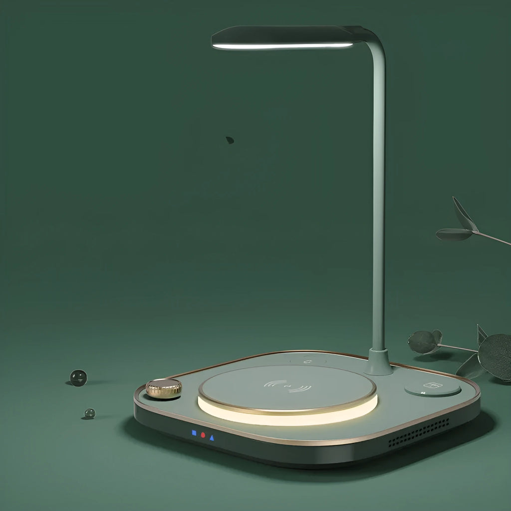 Black wireless charging desk lamp unit with smartphone charging on surface