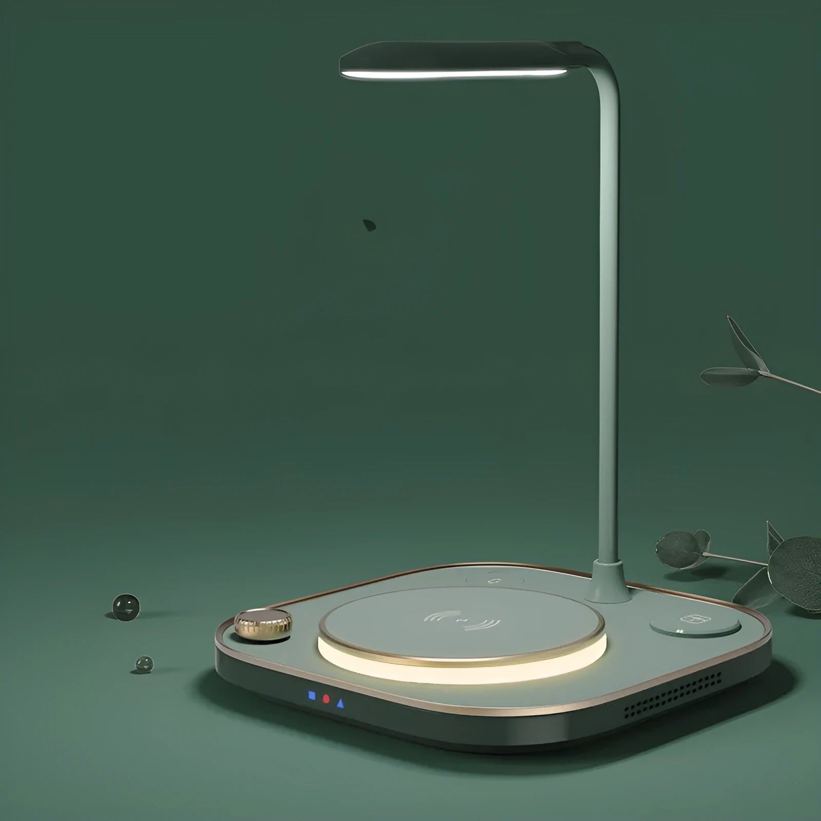 Black wireless charging desk lamp unit with smartphone charging on surface