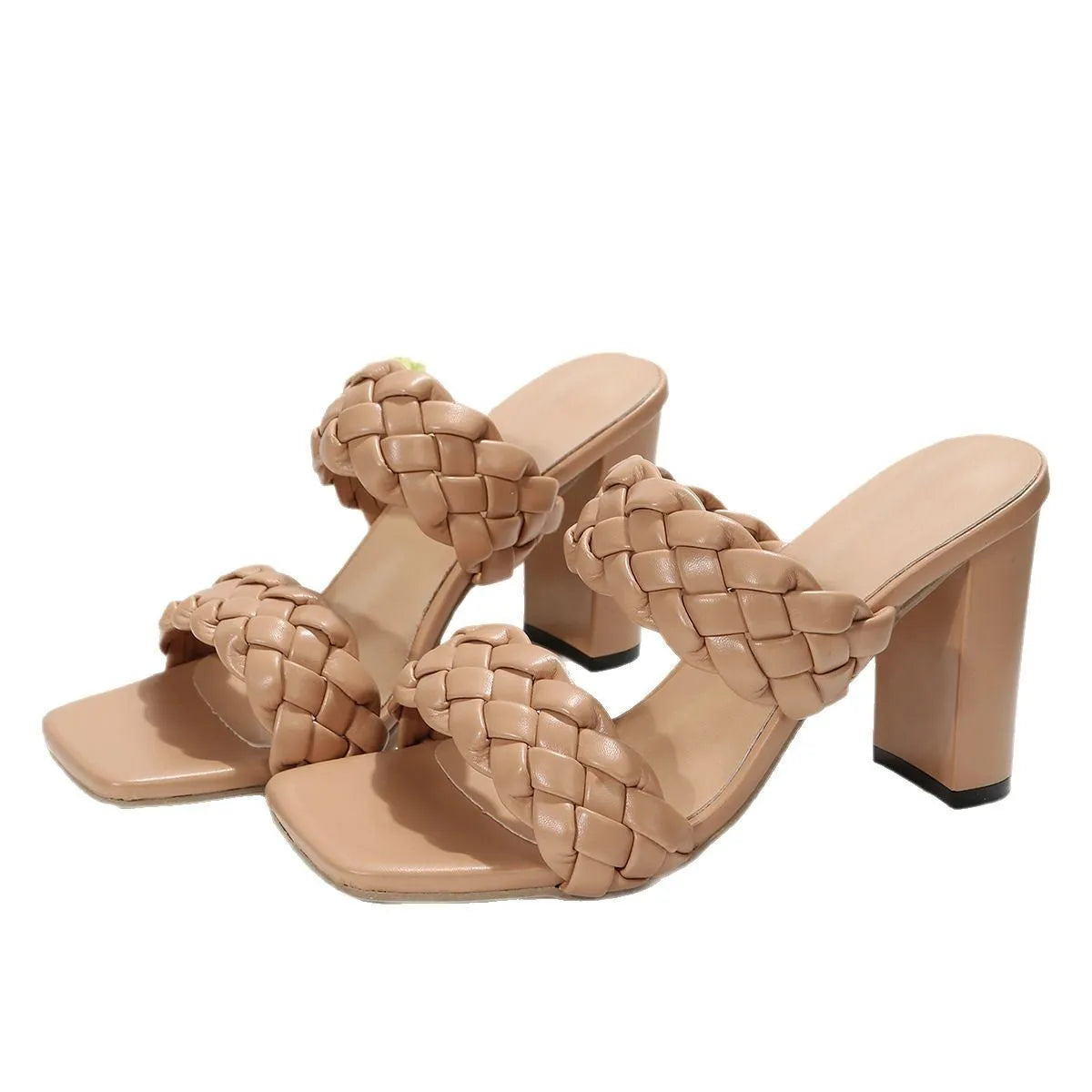 Women's square toe flip flops with chunky heel and woven twisted upper in apricot colour.