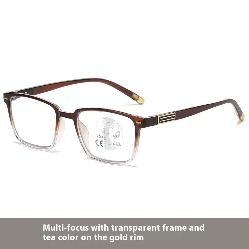 Multifocal reading glasses with photochromic blue light filtering lenses in various frame styles