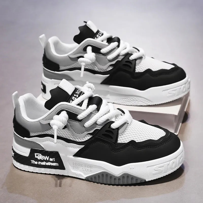 Men's low-top board shoes with soft rubber soles in beige, white and black, and white and yellow colour options