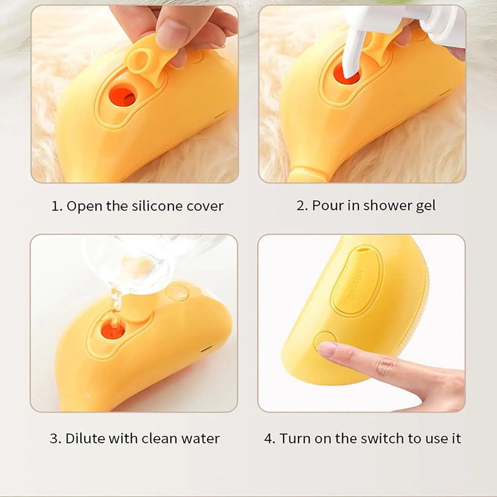 Green rechargeable cat steam brush with round teeth and cat paw ends for grooming